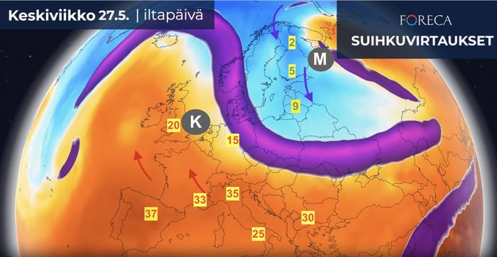Matalapaineen ja korkeapaineen välissä Matalapaineen ja korkeapaineen välistä Suomeen virtaa ensi viikolla hyvin koleaa ilmaa. Suomi jää suihkuvirtauksen kylmemmälle puolelle. Etelä- ja Länsi-Eurooppaan puolestaan on syntymässä hyvin helteinen asetelma. Iberian niemimaalla ja osassa Italiaa lämpötila voi nousta yli 35 asteeseen. Kuvassa ennustetut iltapäivän ylimmät lämpötilat ke 27.5.