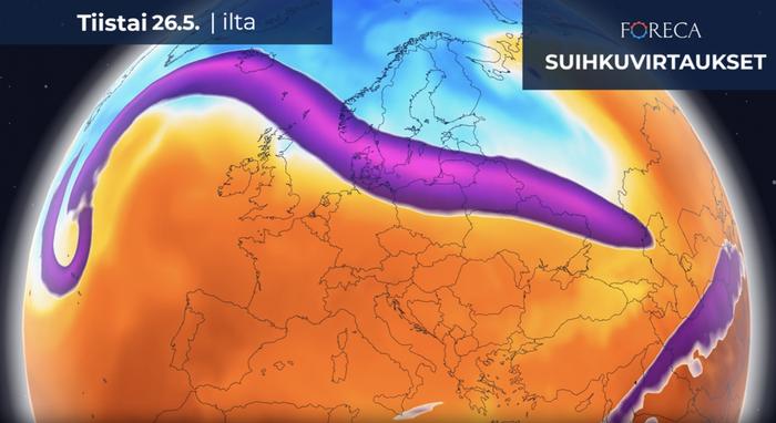 Ilmamassa Euroopasa Pohjois-Euroopan kolean ja muun Euroopan helteisen ilmamassan rajamaastossa kulkee suihkuvirtaus. Kuuminta on alkavalla viikolla Etelä- ja Länsi-Euroopassa, missä 30 asteen raja ylittyy yleisesti. Paikoin lämpötila kipuaa lähelle 40 astetta.