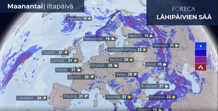 Euroopan lämpötiloja Alkuviikolla helteitä on laajalti Etelä- ja Keski-Euroopassa.