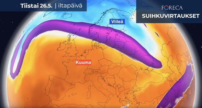 Etelä-Skandinavian yli kohti Mustanmeren pohjoispuolta kulkee ilmamassojen rajavyöhyke, jonka pohjoispuolella ilma on polaarisen viileää ja eteläpuolella helteisen kuumaa. Kuumassa sektorissa mitataan yleisesti 25–40 asteen lukemia.