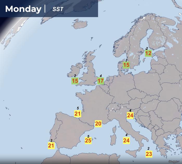 Meriveden lämpötilat maanantaina 1.6.2026 Euroopassa. Lämpötilojen yllä pienemmällä fontilla merkitty poikkeamat normaalista.