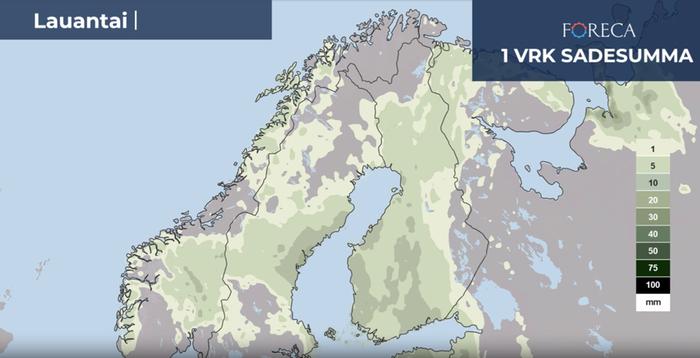 Vuorokauden sadekertymä la 6.6.