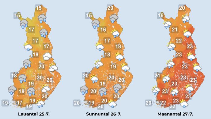 Ennuste 25.–27.7.2026 Sää lämpenee hitaasti viikonlopun aikana. Maanantaina helle voi palata Suomeen.