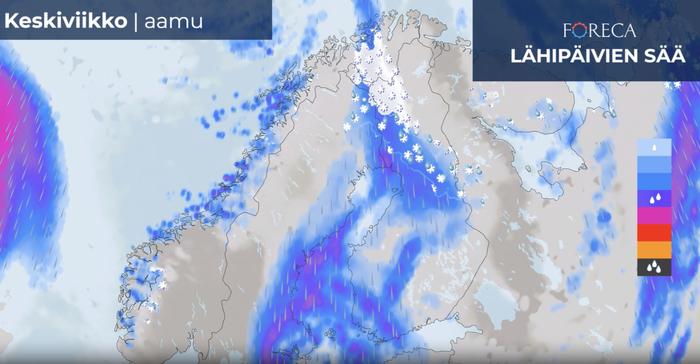 Lumi- ja räntäsateet leviävät pohjoiseen keskiviikkona aamulla. Etelämpänä sateet ovat vettä.