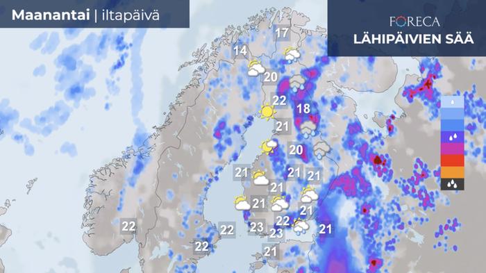Maanantain sääennuste Sää on etenkin pohjoisessa ja idässä sadekuurottelevaa. Sateissa ukkonenkin voi jyrähtää.