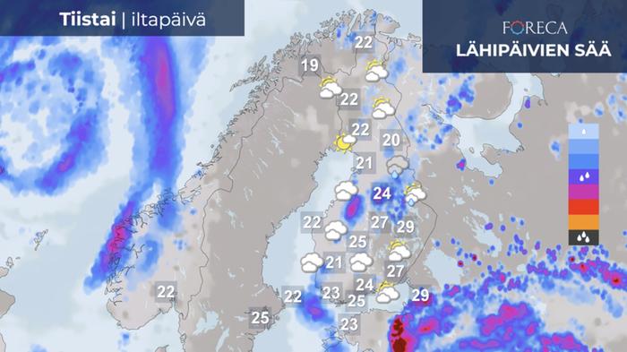 Tiistain sääennuste Tiistaina paikalliset sateet painottuvat lännestä pohjoiseen ulottuvalle alueelle, mutta kuurosateita kehittyy iltapäivällä idässäkin. Ukkonen jyrähtelee paikoin.