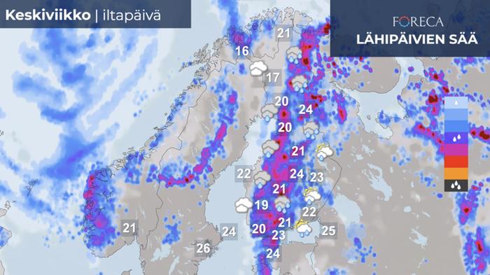 Keskiviikon sääennuste Sadevyöhyke Suomen yllä yhtenäistyy ja ukkosta on jälleen odotettavissa sateiden yhteydessä.