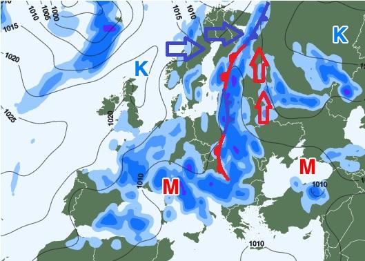 Pohjois-Euroopasta kohti Balkania mutkitteleva stationäärinen rintama erottaa idän helteisen ja kostean ilman lännen viileämmästä.