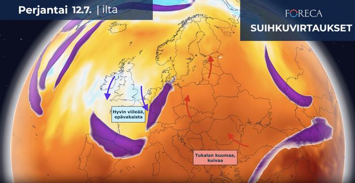Tyypillinen sääasetelma kuluvan kesän aikana Euroopassa on näyttänyt tältä. Länsi-Eurooppa on jäänyt suihkuvirtauksen viileämmälle puolelle, kun taas helteiset ilmamassat ovat liikkuneet itäiseltä Välimereltä kohti pohjoista. Ilmamassojen rajavyöhykkeellä läntisessä ja keskisessä Euroopassa on tullut runsaita sateita. Samankaltainen asetelma on saamassa jatkoa myös heinäkuun lopussa ja elokuun alussa ECMWF:n pitkän ajan ennusteen mukaan.