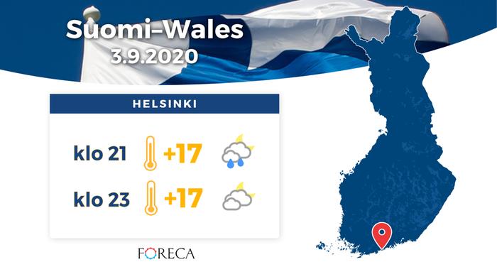 Ennuste 3.9.2020 Huuhkajat Torstai-iltana 3. syyskuuta sadekuurot ovat mahdollisia Helsingissä. Huuhkajien ottelu alkaa kello 21.45.