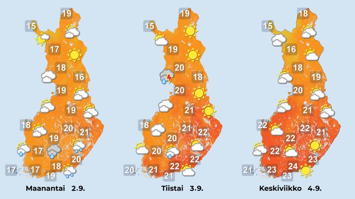 Ennuste 2.–4.9.2024 Ennuste iltapäiville 2.–4.9.2024.