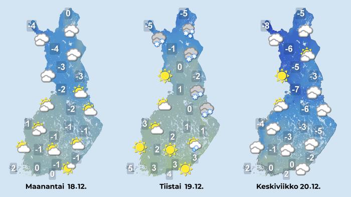 Ennuste 18.–20.12.2023 Ennuste iltapäiville 18.–20.12.2023.