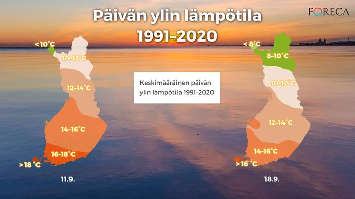Keskimääräinen päivän ylin lämpötila 11.9. ja 18.9. 1991–2020 tilastojen mukaan.