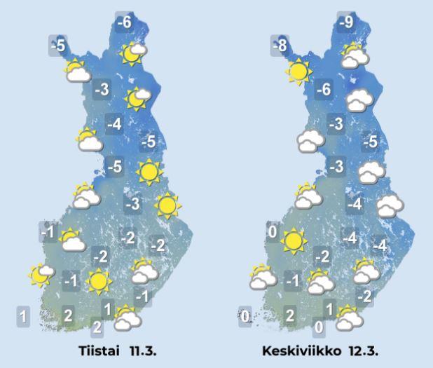 Sääennuste tiistaille 11.3. ja keskiviikolle 12.3.2025