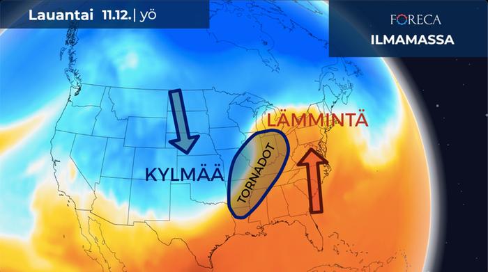 Tuhoiset tornadot syntyivät Yhdysvalloissa 10.–11.12.2021 kylmän rintaman yhteyteen, joka muodostui eteläisen lämpimän ja pohjoisen kylmän ilman välille.