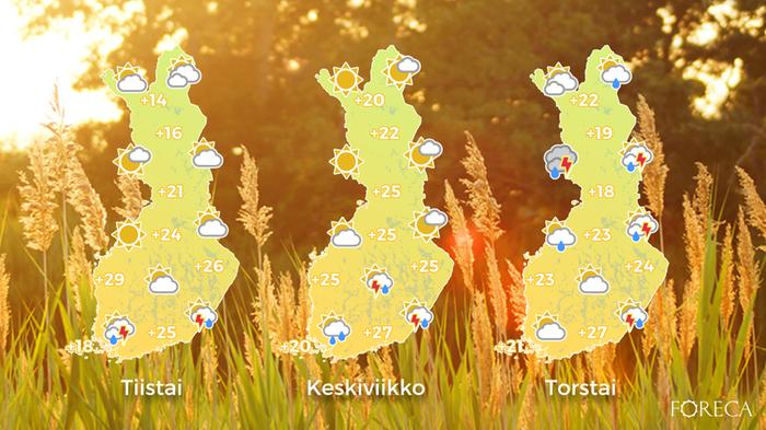 Juhannusviikolla tulee paikoin sade- ja ukkoskuuroja. Sää on laajalti lämmintä.