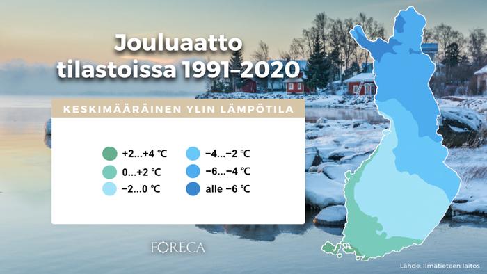 Jouluaaton keskimääräinen ylin lämpötila tilastoissa 1991–2020.
