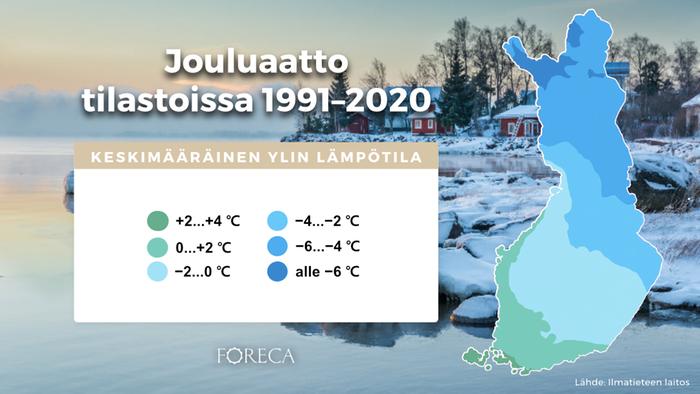 Jouluaaton ylin lämpötila tilastoissa 1991–2020 Jouluaaton keskimääräinen ylin lämpötila tilastoissa 1991–2020.