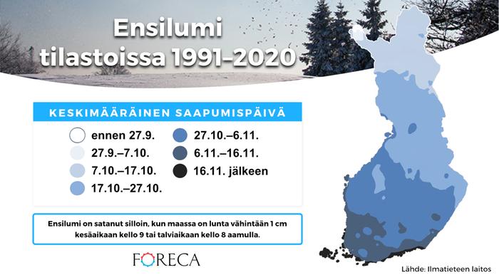 Ensilumi tilastoissa vertailukaudella 1991-2020 Ensimmäisen ehjän lumipeitteen tulon ajankohta vertailukaudella 1991–2020.