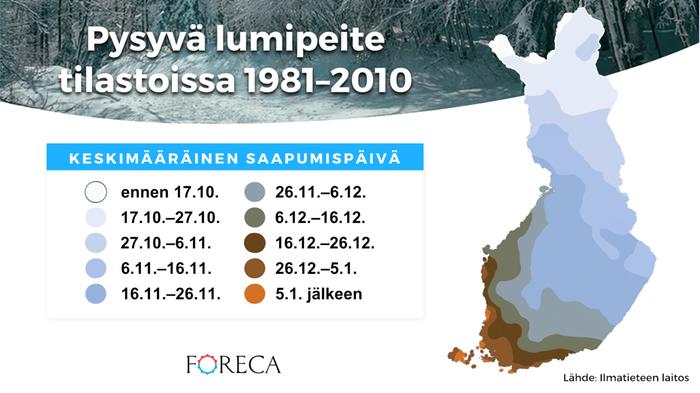 Pysyvä lumipeite tilastoissa 1981–2010. Lähde: Ilmatieteen laitos