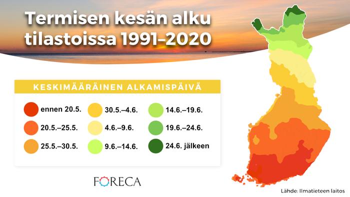 Termisen kesän keskimääräinen alkamispäivä tilastoissa 1991–2020.