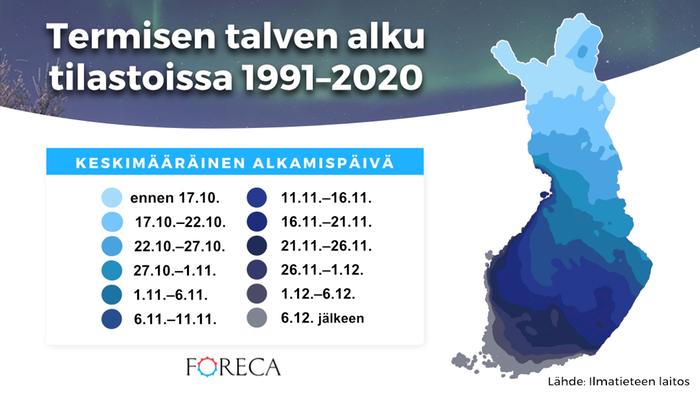 Termisen talven keskimääräinen alkamispäivä tilastoissa 1991–2020.