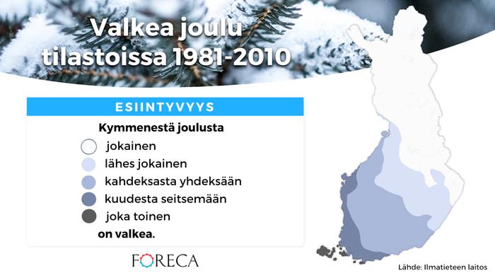Valkean joulun todennäköisyys Suomessa on suurin itärajalla ja Lapissa.