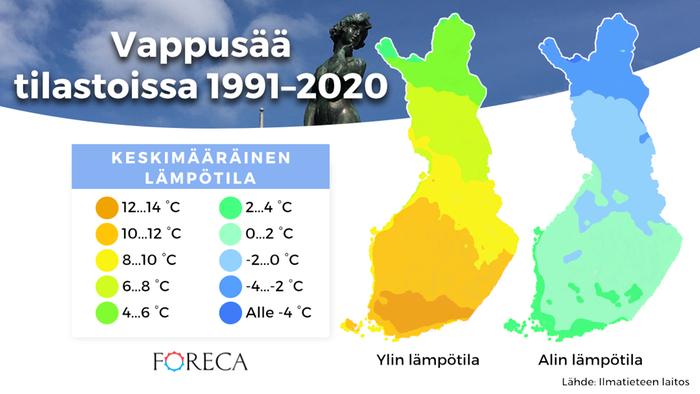 1991–2020 vertailukauden tilastojen mukaan keskimääräisesti lämpötila on ylimmillään koko maassa plussalla ja lämpimintä on Etelä-Suomen sisämaassa. Öisin mennään pakkaselle laajalti maan pohjoisosassa sekä paikoin etelämpänä Suomenselällä. 
