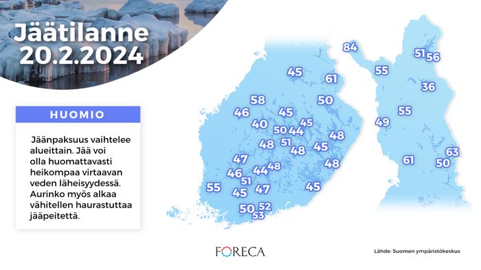 Jäänpaksuus 20.2.2024 Järvien jäänpaksuus mittauspaikoilla 20. helmikuuta.
