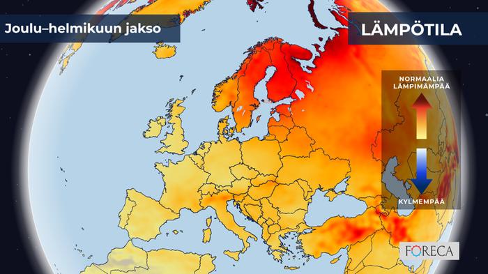 ECMWF:n ennuste lämpötilojen poikkeamista joulu–helmikuulle 2025–2026 Eurooppaan.