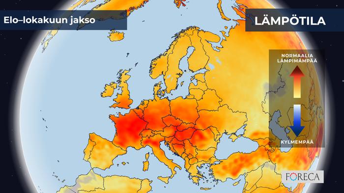Lämpötilan poikkeama elo-lokakuu 2026 Ennustettu lämpötilan poikkeama tavanomaisesta elo-lokakuussa 2026.