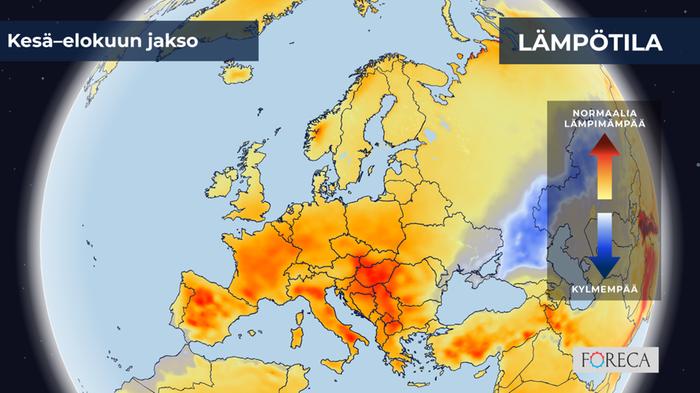 ECMWF:n ennuste lämpötilojen poikkeamista kesä–elokuulle 2026 Eurooppaan.
