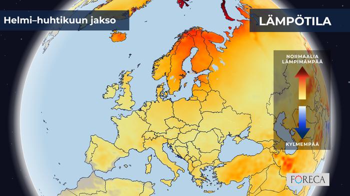 ECMWF:n ennuste lämpötilojen poikkeamista helmi–huhtikuulle 2026 Eurooppaan.