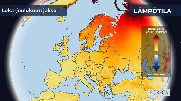Loka–joulukuu 2025 ECMWF:n ennuste lämpötilojen poikkeamista loka–joulukuulle 2025 Eurooppaan.