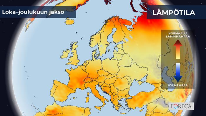 ECMWF:n lämpötilapoikkeamat loka–joulukuulle