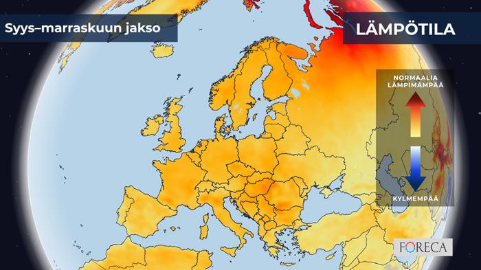 ECMWF:n ennuste lämpötilojen poikkeamista syys-marraskuulle 2025 Eurooppaan.