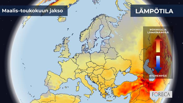 Lämpötilapoikkeaman ennuste Eurooppaan maalis–toukokuussa 2026.