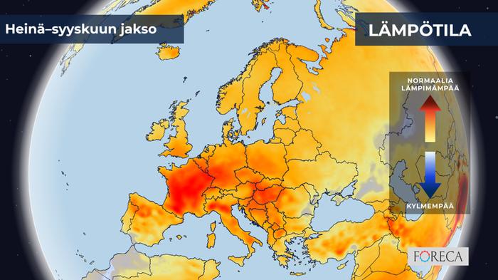 Ennustettu lämpötilapoikkeama heinä-syyskuussa 2026.