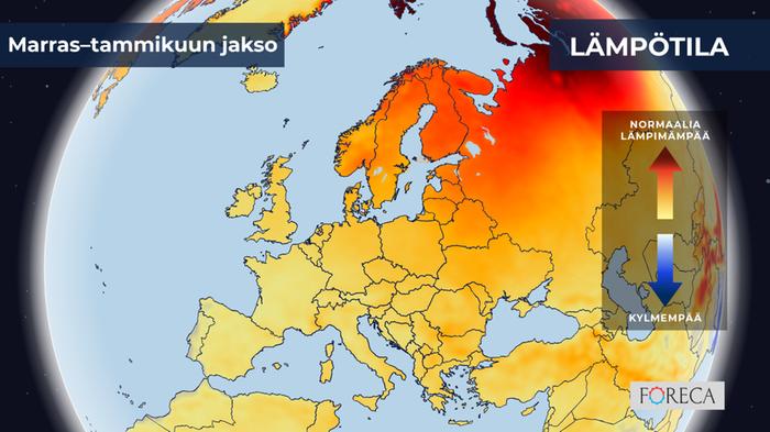ECMWF:n ennuste lämpötilojen poikkeamista marras–tammikuulle 2025–2026 Eurooppaan.