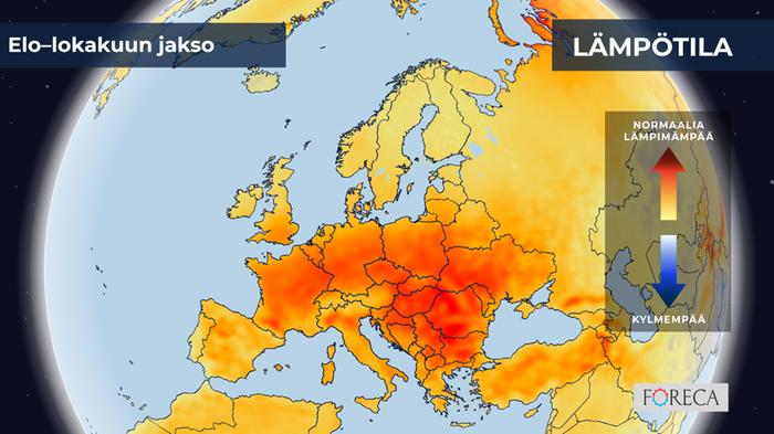ECMWF:n ennuste lämpötilojen poikkeamista elo–lokakuulle Eurooppaan.