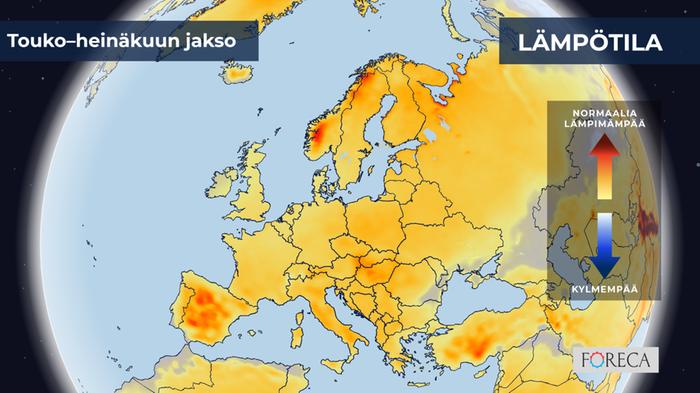 Vuodenaikaisennuste touko–heinäkuu 2026 lämpötila Ennustettu lämpötilan poikkeama touko–heinäkuussa 2026.
