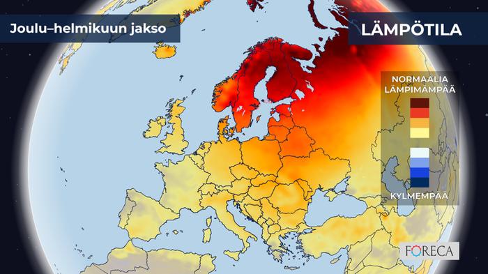 Joulu–helmikuun jaksosta 2022–2023 ennakoidaan lähes koko Suomessa yli kaksi astetta keskimääräistä lämpimämpää. Ennuste näyttää tavanomaista lämpimämpää jaksoa lähes koko muuhunkin Eurooppaan.