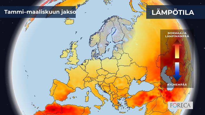 ECMWF:n ennuste lämpötilojen poikkeamista tammi–maaliskuulle 2024 Eurooppaan. Suomessa ja osin muualla pohjoisessa Euroopassa kartalla ei näy juurikaan poikkeamia suuntaan eikä toiseen. Tämä kertoo ennusteen epävarmuudesta. Keskisessä ja eteläisessä Euroopassa olisi ennusteen mukaan tavanomaista lämpimämpää.
