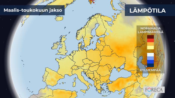 ECMWF:n ennuste lämpötilojen poikkeamista maalis–toukokuulle 2023. Maalis–toukokuun jaksosta ennakoidaan Suomessa 0–1 astetta keskimääräistä lämpimämpää. Ennuste näyttää tavanomaista lämpimämpää kevättä laajalti muuallekin Eurooppaan.