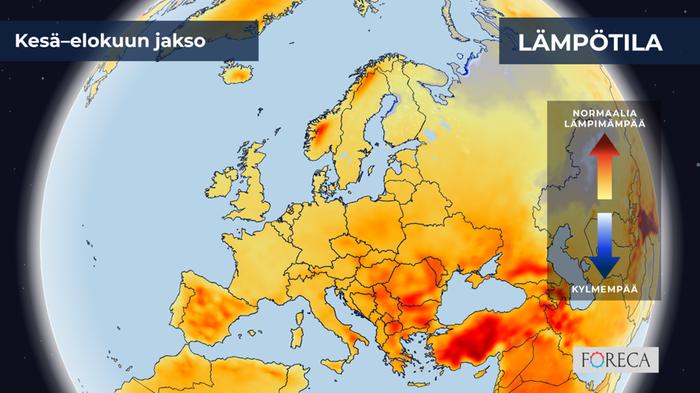 Kesä–elokuu 2024 ECMWF:n ennuste lämpötilojen poikkeamista kesä–elokuulle 2024 Eurooppaan.