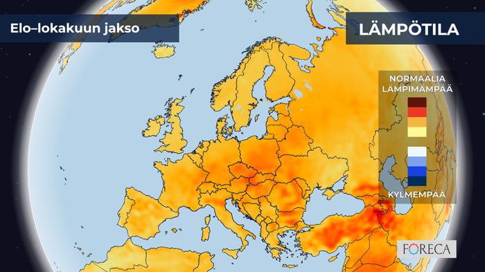 ECMWF:n ennuste lämpötilojen poikkeamista elo–lokakuulle 2023 Eurooppaan. Jaksosta ennakoidaan Suomessa ja muuallakin Euroopassa tavanomaista lämpimämpää.