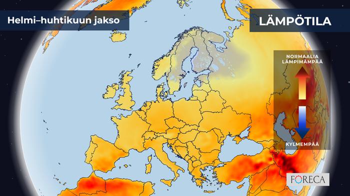 ECMWF:n ennuste lämpötilojen poikkeamista helmi–huhtikuulle 2024 Eurooppaan. Suomessa ei näy juurikaan poikkeamia tavanomaisesta. Keskisessä ja eteläisessä Euroopassa on ennusteen mukaan tavanomaista lämpimämpää.