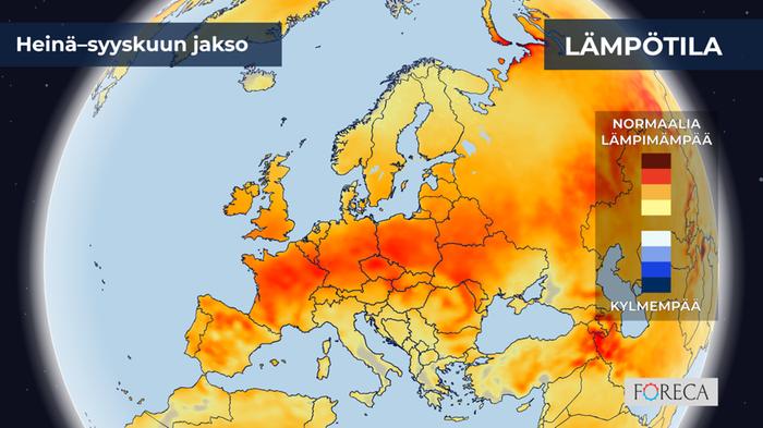 ECMWF:n ennuste lämpötilojen poikkeamista heinä–syyskuulle 2023 Eurooppaan. Jaksosta ennakoidaan Suomessa ja laajalti muuallakin Euroopassa tavanomaista lämpimämpää.