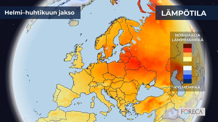 ECMWF:n ennuste lämpötilojen poikkeamista helmi–huhtikuulle 2023. Helmi–huhtikuun jaksosta ennakoidaan Suomessa 1–2 astetta keskimääräistä lämpimämpää. Ennuste näyttää tavanomaista lämpimämpää jaksoa koko muuhunkin Eurooppaan.