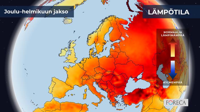 ECMWF:n ennuste lämpötilojen poikkeamista joulu–helmikuulle 2023–2024 Eurooppaan. Jaksosta ennakoidaan Suomessa ja muuallakin Euroopassa keskimääräistä lämpimämpää.